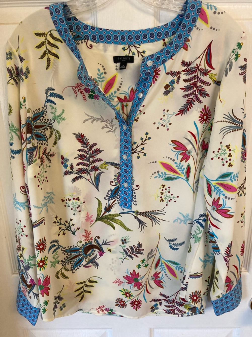 Talbots - Cream Floral Print Long-Sleeve Tunic Top - Blue Trim - Size X - EUC